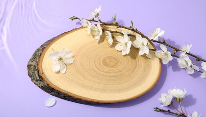 Wooden slice with spring blossoms on a purple background