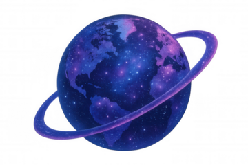 Planet earth globe showing galaxy and stars texture, orbiting purple ring and transparent background concept