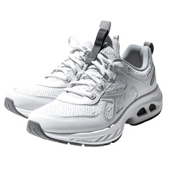 Pair of white athletic shoes with mesh uppers, chunky soles, and a unique fastening system