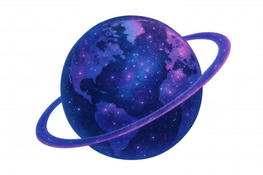 Planet earth globe showing galaxy and stars texture, orbiting purple ring and transparent background concept