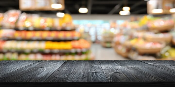 Dark wooden table top with blurred supermarket aisle background for product display and advertising