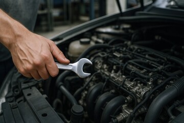 Car Engine Repair: Mechanic Holding Wrench Inspecting and Maintaining Vehicle in Automotive Workshop