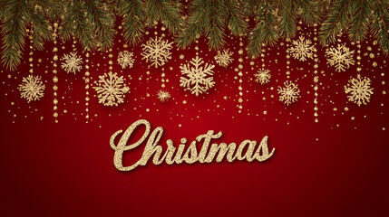 Christmas background with gold snowflakes and pine branches design art