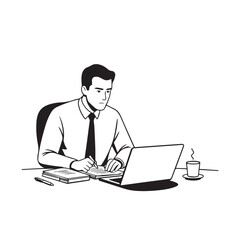 Black and white line art of a hardworking man at office desk with laptop and documents minimalist illustration