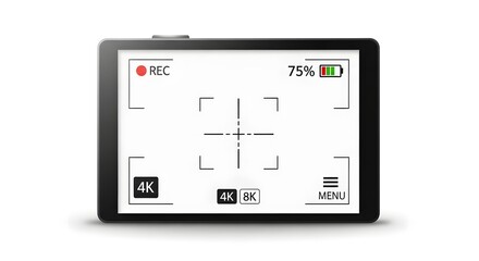 4k camera viewfinder display showing recording at 75 battery displaying focus target lines for technology presentations and video production needs.
