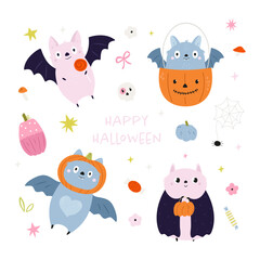 Cute Halloween Bats with Pumpkins and Funny Cartoon Elements on White Background.