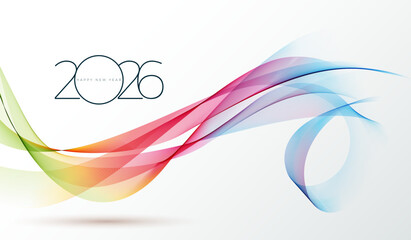 2026 Happy New Year Illustration with Colorful Abstract Grunge Wavy Effect and Typography Number on White Background. Christmas Holiday Design with for Flyer, Banner, Greeting Card, Celebration Poster