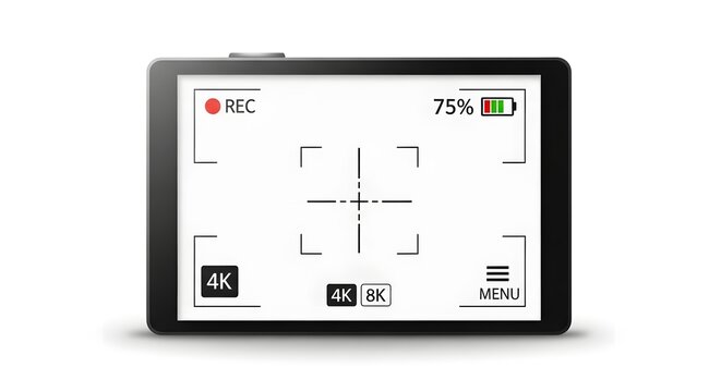 4k camera viewfinder display showing recording at 75 battery displaying focus target lines for technology presentations and video production needs.