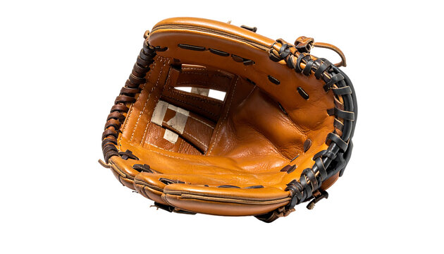 A tan leather baseball glove, open, showing its interior;  detailed stitching and worn leather are visible.  The glove is viewed from above
