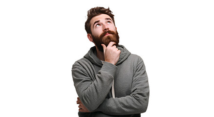 a man with a beard, thinking and looking up, isolated on a transparent background