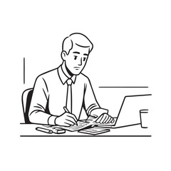 Black and white line art of a hardworking man at office desk with laptop and documents minimalist illustration