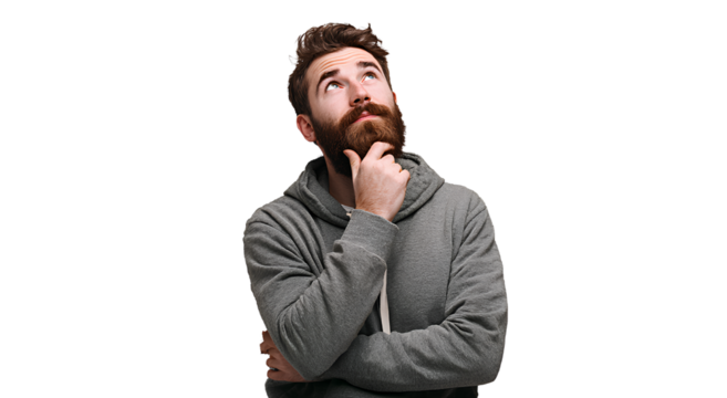 a man with a beard, thinking and looking up, isolated on a transparent background
