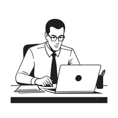 Black and white line art of a hardworking man at office desk with laptop and documents minimalist illustration