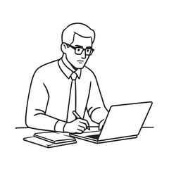 Black and white line art of a hardworking man at office desk with laptop and documents minimalist illustration