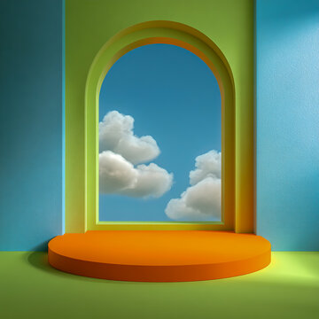 Bright orange podium stands before a whimsical arched doorway revealing a sky with fluffy white clouds