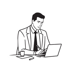 Black and white line art of a hardworking man at office desk with laptop and documents minimalist illustration