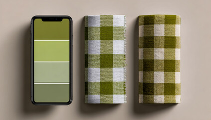 Smartphone displaying color palette next to rolled green plaid fabric swatches for design inspiration