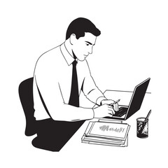 Black and white line art of a hardworking man at office desk with laptop and documents minimalist illustration