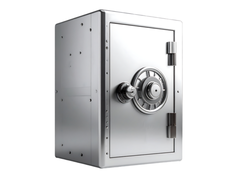 A metallic, square safe with a circular dial lock and a small handle, rendered in a 3D style against a black background