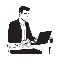 Black and white line art of a hardworking man at office desk with laptop and documents minimalist illustration