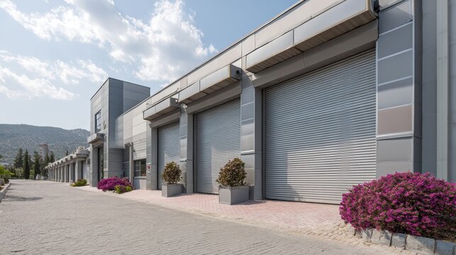 Gray industrial building with roll up doors and flowering shrubs. For showcasing business, storage facility, and commercial real estate ideas.