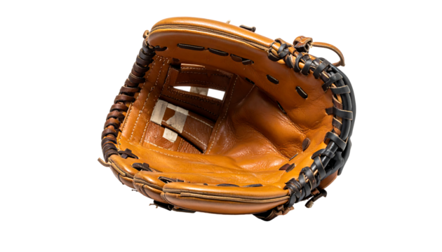 A well-worn, tan leather baseball glove, open, showcasing its interior and intricate stitching.  The glove's laces are visible - Powered by Adobe