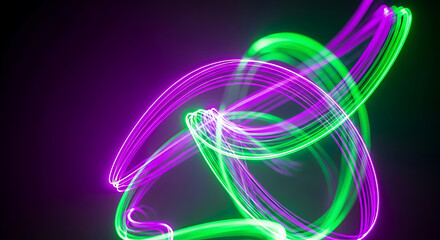 Vibrant neon light trails swirl in abstract patterns against a dark background, creating a dynamic and energetic visual.
