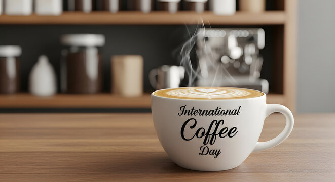 Steaming cup of coffee with latte art celebrating international coffee day on a wooden table