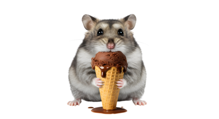 Cute dwarf hamster holding and licking a melting chocolate ice cream cone. isolated PNG with Transparent Background
