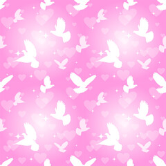 White doves on a pink background with hearts. Seamless pattern, print, vector illustration