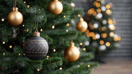 Fototapeta premium Christmas festival party decorating joyful christmas tree with glowing ornaments in a cozy home environment