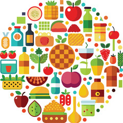 Abundant assortment of fresh healthy foods fruits vegetables drinks and jams arranged in a circular pattern collage