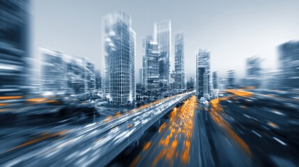 Fototapeta premium Dynamic Cityscape: Modern Architecture with Blurred Motion, Transportation Infrastructure, and Urban Energy in Blue and Orange