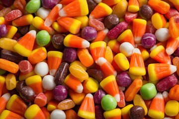 A vibrant, overhead close-up shows assorted Halloween candy with bright colors. Perfect for holiday-themed designs, or illustrating sweet treats and celebrations.