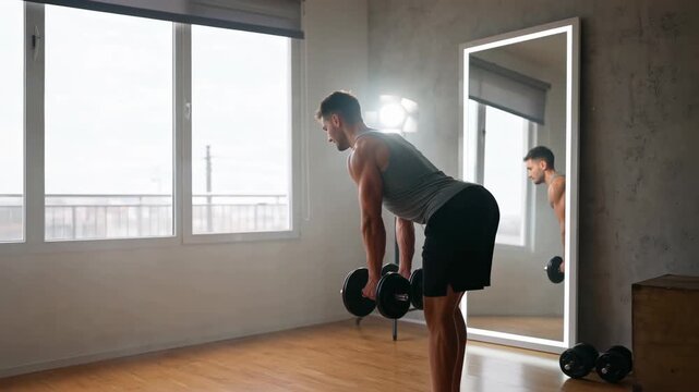 Athletic man doing bent-over dumbbell rows in a bright home gym, focusing on strength and fitness