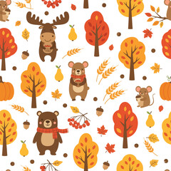 Fototapeta premium Seamless Autumn Forest Pattern with Cute Woodland Animals