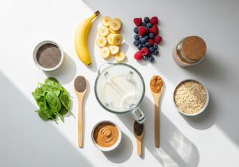 Minimalist Flat Lay of Fresh Smoothie Ingredients on White Kitchen Counter with Blender Jar