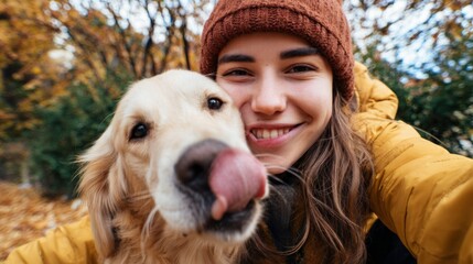 Woman posing with golden retriever in outdoor autumn setting.