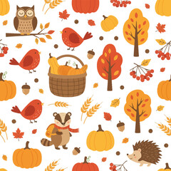 Adorable Vector Pattern for Children's Autumn Forest and Farm Theme