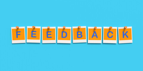 Feedback, yellow photos with blue letters and background. Evaluation, test result, exam, judgment, assessment. 3D illustration