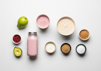 Minimalist Flat Lay of Fresh Smoothie Ingredients on White Kitchen Counter with Blender Jar