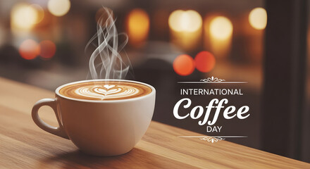 Steaming cup of coffee with heart latte art on a wooden table celebrating international coffee day