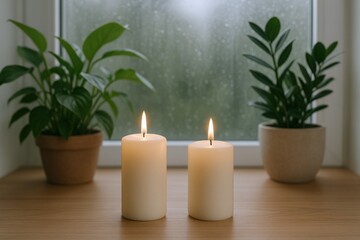 Fototapeta premium Cozy Home Ambiance: Two Candles Lit Near Window with Potted Plants Creating Relaxing Atmosphere