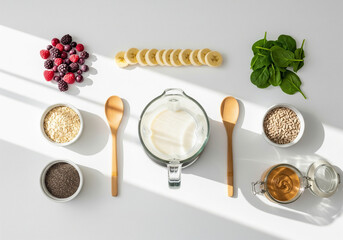 Minimalist Flat Lay of Fresh Smoothie Ingredients on White Kitchen Counter with Blender Jar