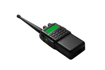 Black handheld two way radio communication device with green display and antenna isolated on transparent background