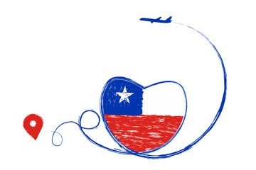 Flag of Chile. Heart, love romantic travel. Symbol of airplane, air plane, aircraft, aeroplane, flying, fly jet airline. Line path. Vector location pointer route. Travel for your web site design, logo