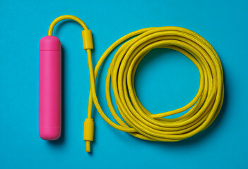 Bright pink jump rope with yellow cord coiled on a vibrant blue background