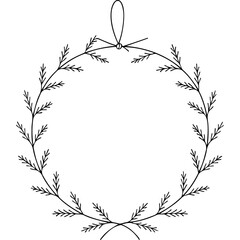 Minimalist black wreath illustration with ribbon for New Year's holidays  
