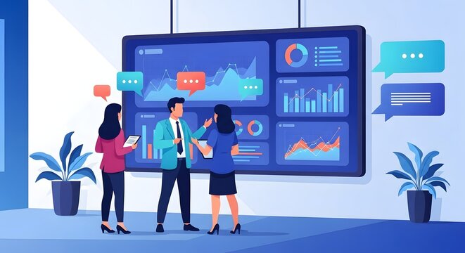 Business data analysis meeting professionals collaborating on market trends using interactive dashboards perfect for illustrating data insights and teamwork - Powered by Adobe