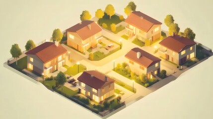 Isometric View of Residential Houses at Night